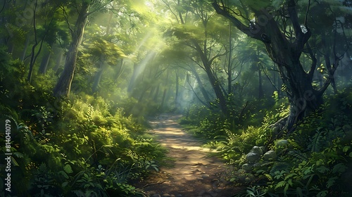 A narrow path winds its way through a dense forest  with sunlight filtering through the canopy above to create a mesmerizing interplay of light and shadow.