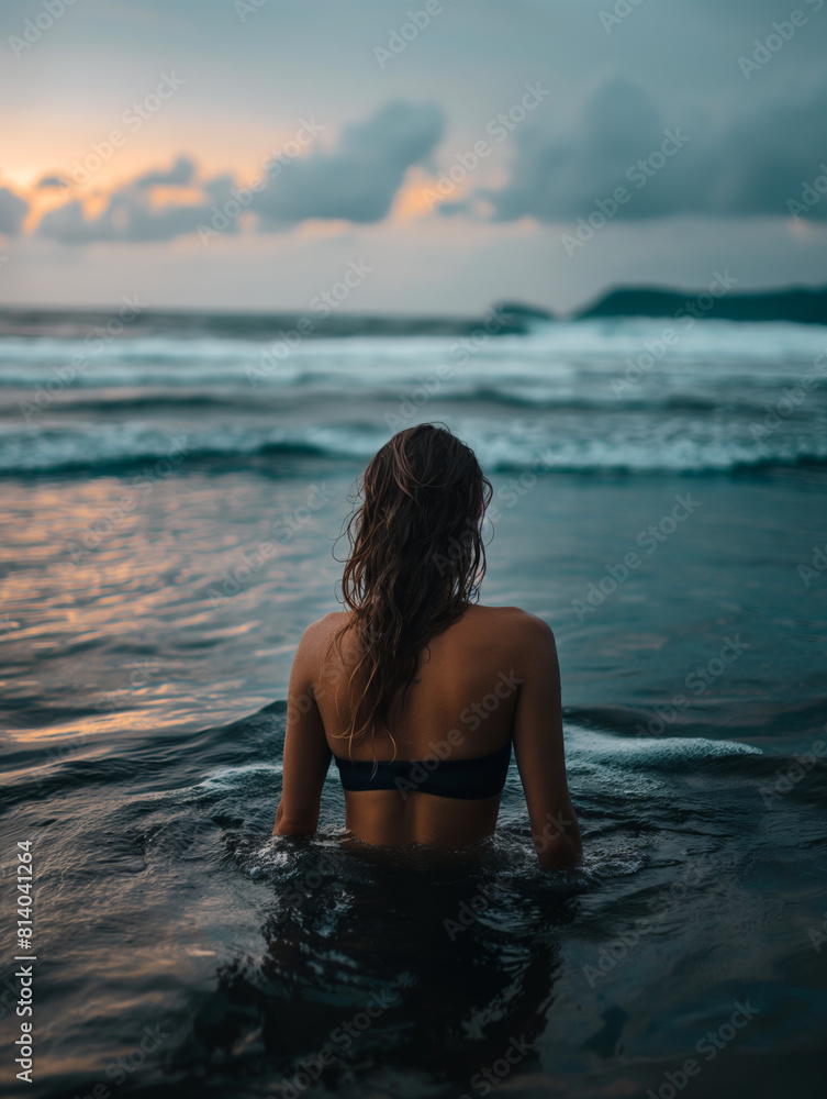 Young woman walking in the water in the soft light after sunset Young woman walking in the water in the soft light after sunset