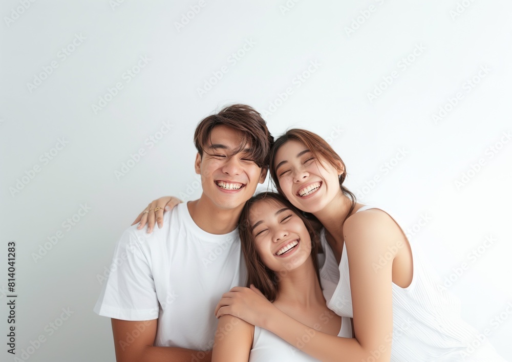 AI generated illustration of friends happily smiling and hugging each other on a white background