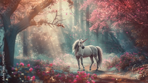 A unicorn walks  flowers bloom in its path.
