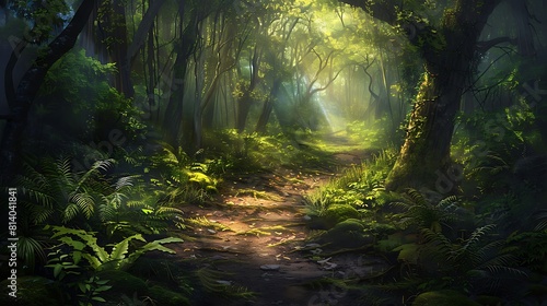 A secluded pathway winds its way through dense forest, with sunlight filtering through the canopy above, illuminating patches of moss and ferns below. © MuhammadAli