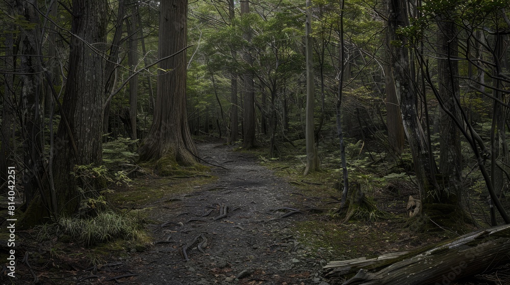 Obraz premium Aokigahara Forest, where ancient trees and shadows intertwine.