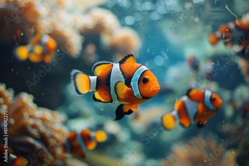 Colored tropical fish in corals in an aquarium