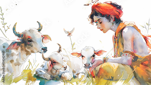 Beautiful digital painting of young lord Krishna with playful calves on white background perfect for art lovers photo