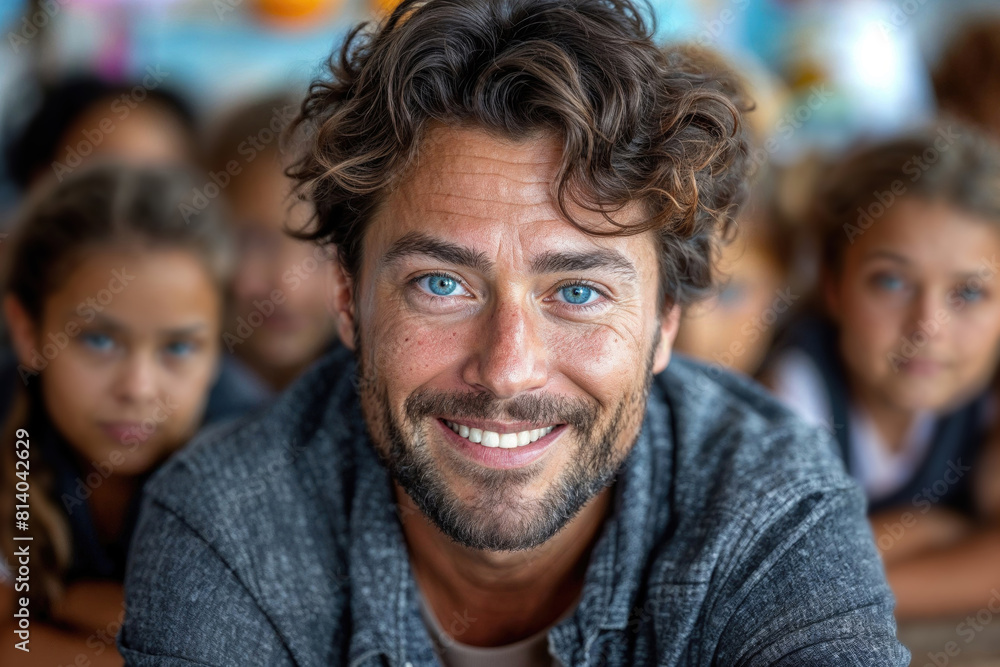 A man with a beard and blue eyes smiles at the camera A man with a beard and blue eyes smiles at the camera