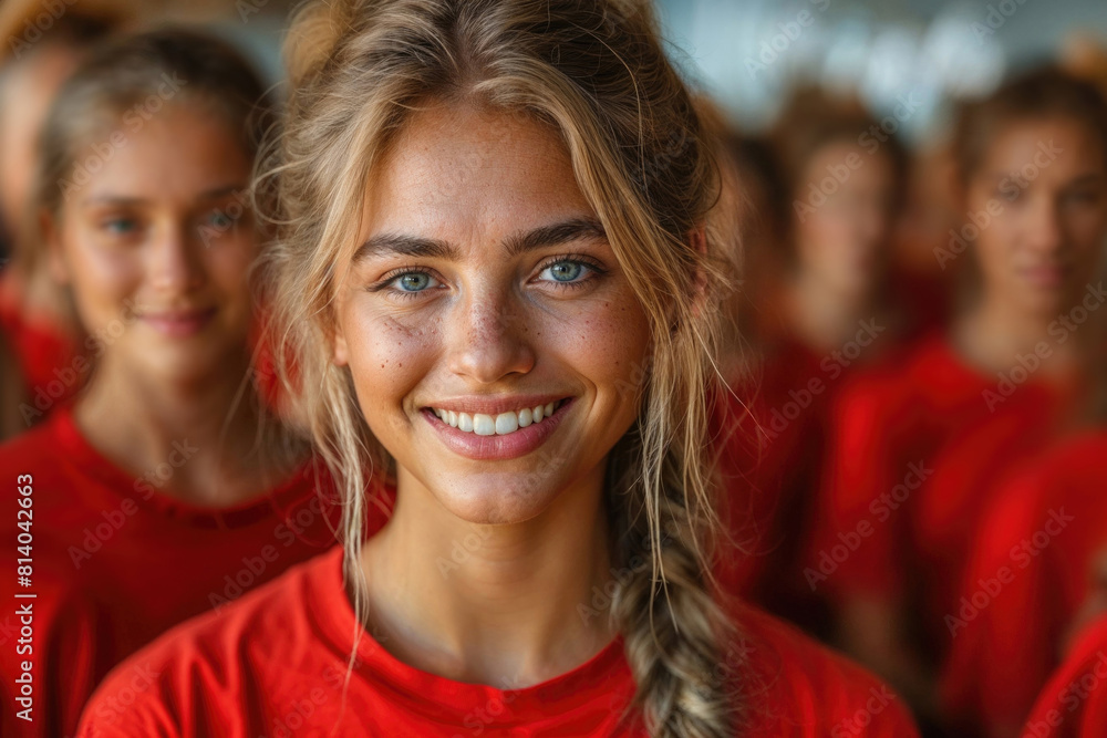 A woman with a red shirt and blue eyes is smiling A woman with a red shirt and blue eyes is smiling