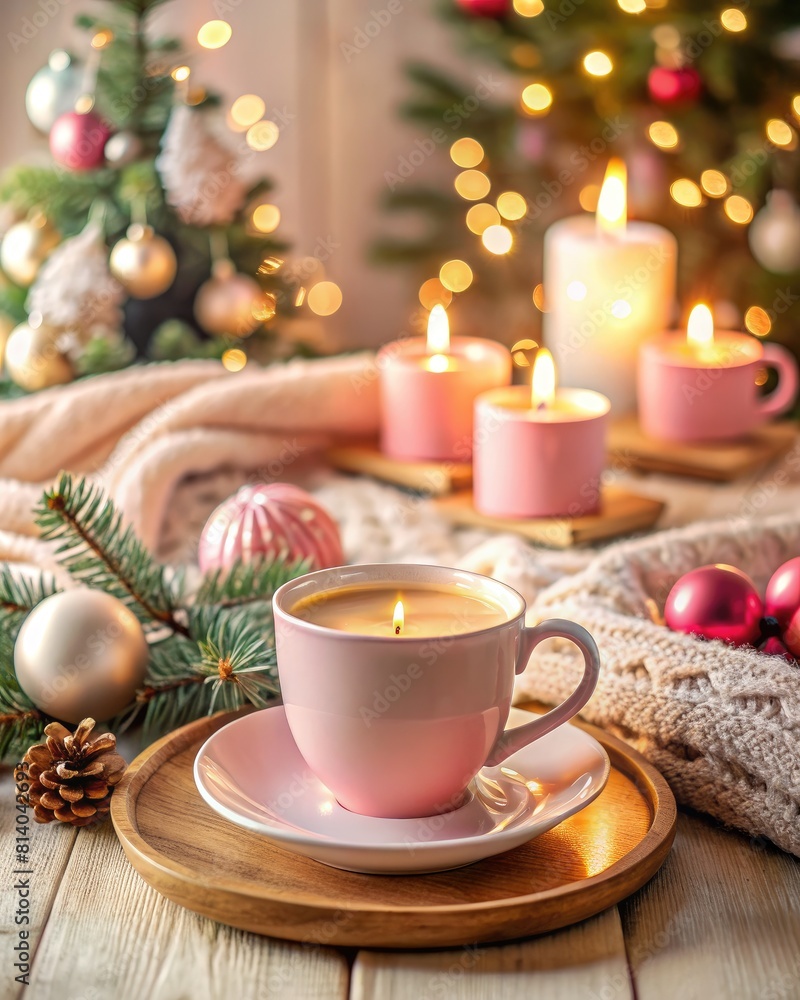 Cup of coffee with candles and christmas tree on wooden background Cup of coffee with candles and christmas tree on wooden background