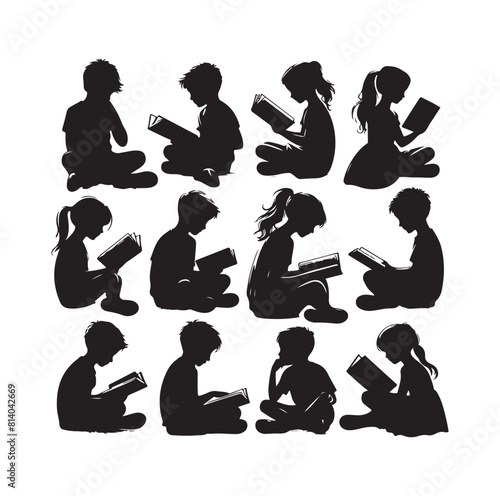boy and girl reading book silhouette  illustration collection