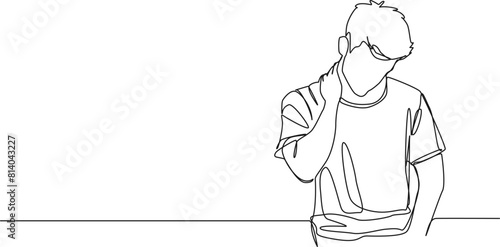 continuous single line drawing of man with neck pain, line art vector illustration