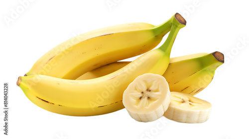 Ripe sweet banana on a transparent background. Whole banana and sliced. Healthy vitamin food. / A banana and a banana slice with a transparent background.