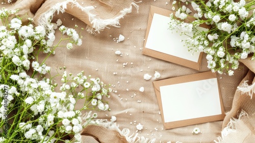 Ethereal White Babys Breath Blooms on Rustic Burlap Canvas