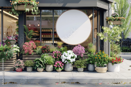 A vibrant florist shop exterior adorned with a myriad of colorful flowers and plants, featuring a large, blank circular sign for potential branding photo