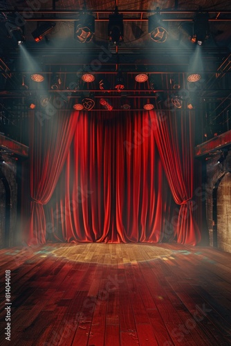 Red curtain hangs in front of stage