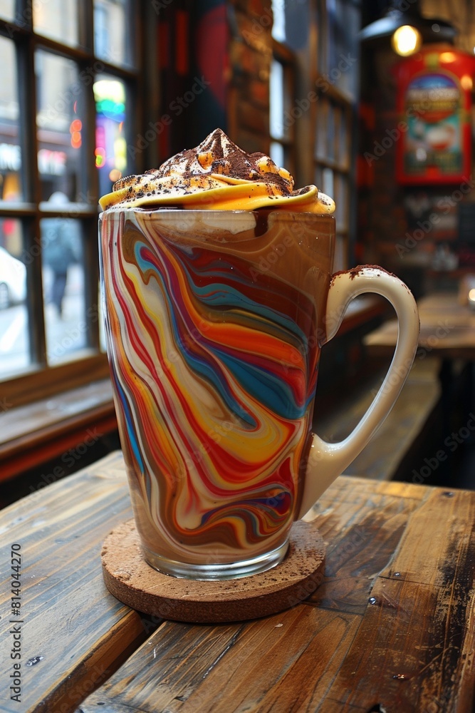Naklejka premium A cup of a coffee with swirls in it sitting on top of the table, AI