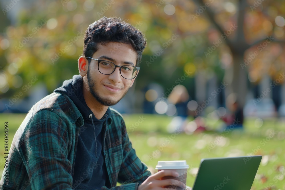 A young man with glasses and a plaid shirt sits in a park with a laptop and coffee, surrounded by autumn leaves A young man with glasses and a plaid shirt sits in a park with a laptop and coffee, surrounded by autumn leaves