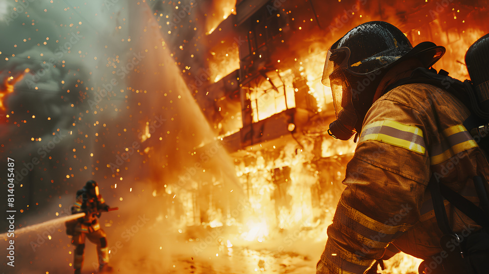 Firefighters in protective gear battling a house fire Firefighters in protective gear battling a house fire
