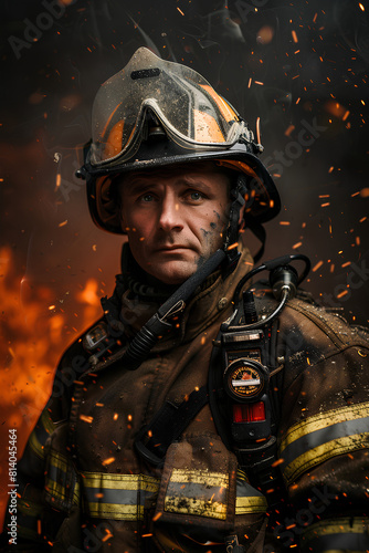 Firefighter in protective gear standing in front of a fire © SprintZz