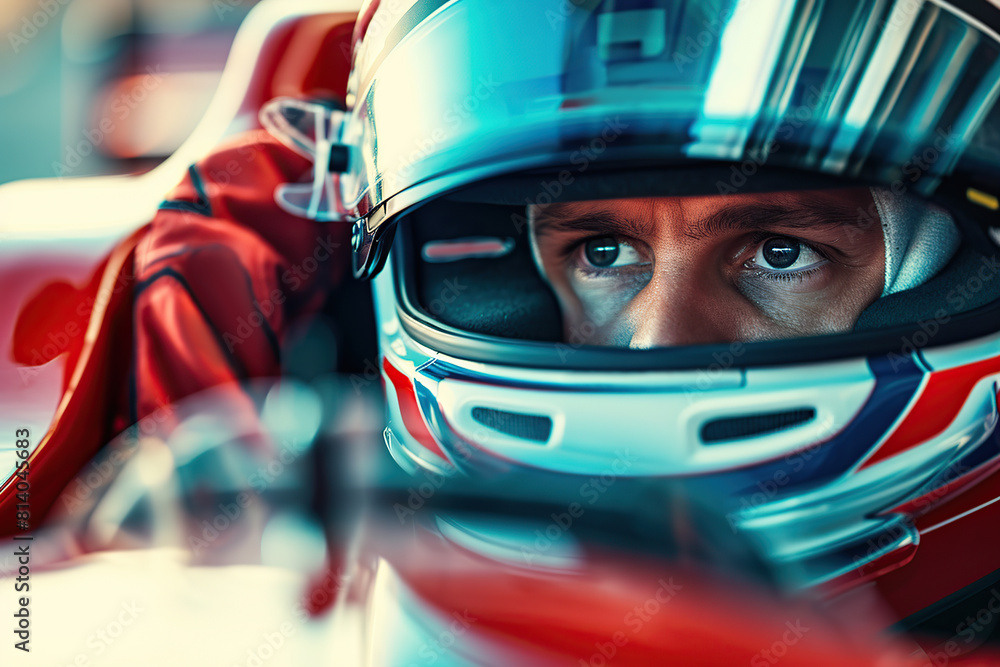 Racer wearing helmet and uniform sitting in race car and ready for race Racer wearing helmet and uniform sitting in race car and ready for race