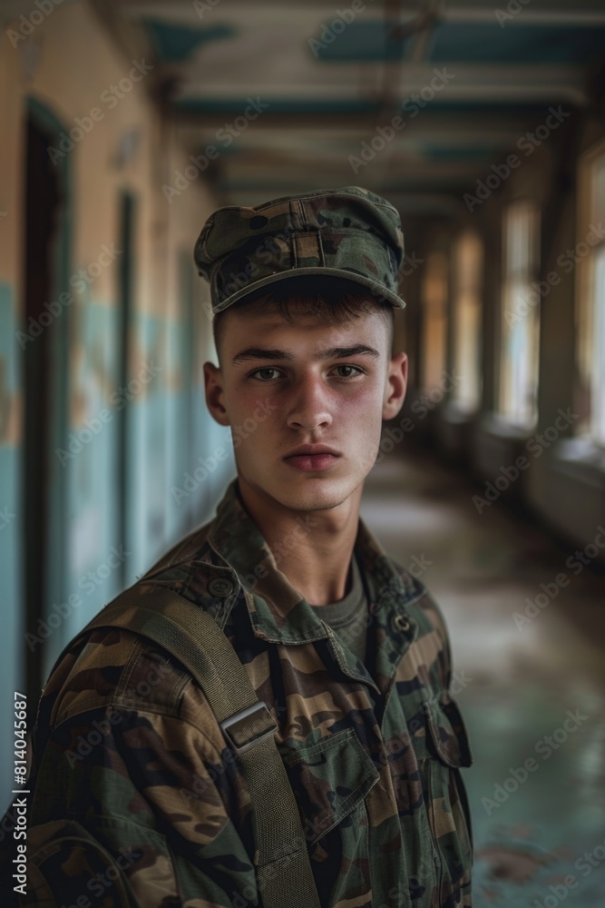 Young man in military uniform stands in hallway Young man in military uniform stands in hallway