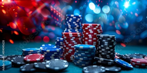 Stacked Poker or Blackjack Chips on a Casino Table. Concept Casino Chips, Stacked, Table, Poker, Blackjack
