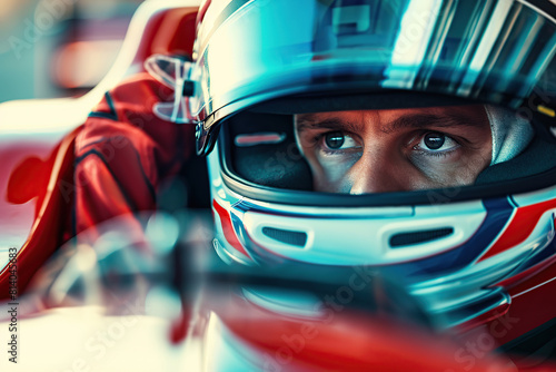 Racer wearing helmet and uniform sitting in race car and ready for race © Alina
