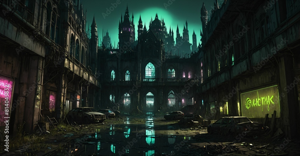 Fototapeta premium Gothic cyberpunk city buildings exterior. Baroque goth sci-fi castle palace. Abandoned futuristic dystopia reclaimed ancient ruins with colored stain glass.