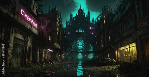 Gothic cyberpunk city buildings exterior. Baroque goth sci-fi castle palace. Abandoned futuristic dystopia reclaimed ancient ruins with colored stain glass. © Shane Sparrow