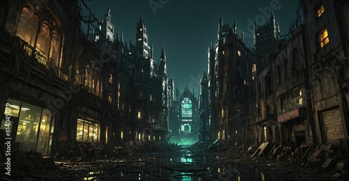 Gothic cyberpunk city buildings exterior. Baroque goth sci-fi castle palace. Abandoned futuristic dystopia reclaimed ancient ruins with colored stain glass.