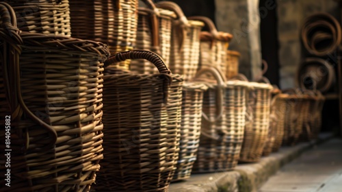 Beautiful wicker baskets with intricate designs for storage or decor. photo