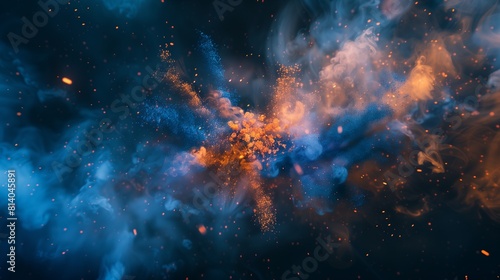 An immersive and captivating illustration of abstract blue and orange color powder exploding in a burst of color on a rich black backdrop