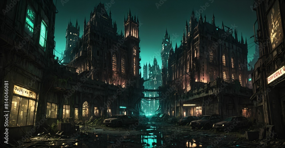 Fototapeta premium Gothic cyberpunk city buildings exterior. Baroque goth sci-fi castle palace. Abandoned futuristic dystopia reclaimed ancient ruins with colored stain glass.
