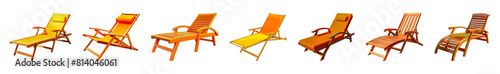 Set of Wooden lounge chairs in vibrant orange hues for outdoor leisure and comfort isolated transparent PNG background