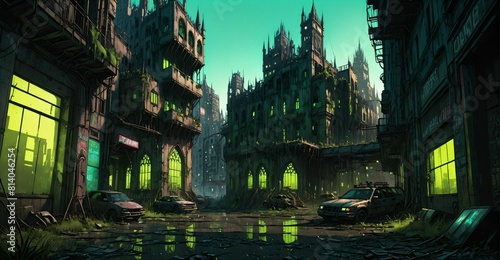 Gothic cyberpunk city buildings exterior. Baroque goth sci-fi castle palace. Abandoned futuristic dystopia reclaimed ancient ruins with colored stain glass.