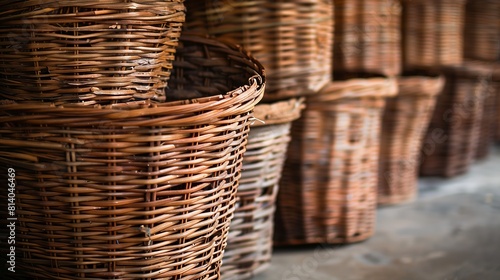Exquisite handwoven wicker baskets, meticulously arranged. photo