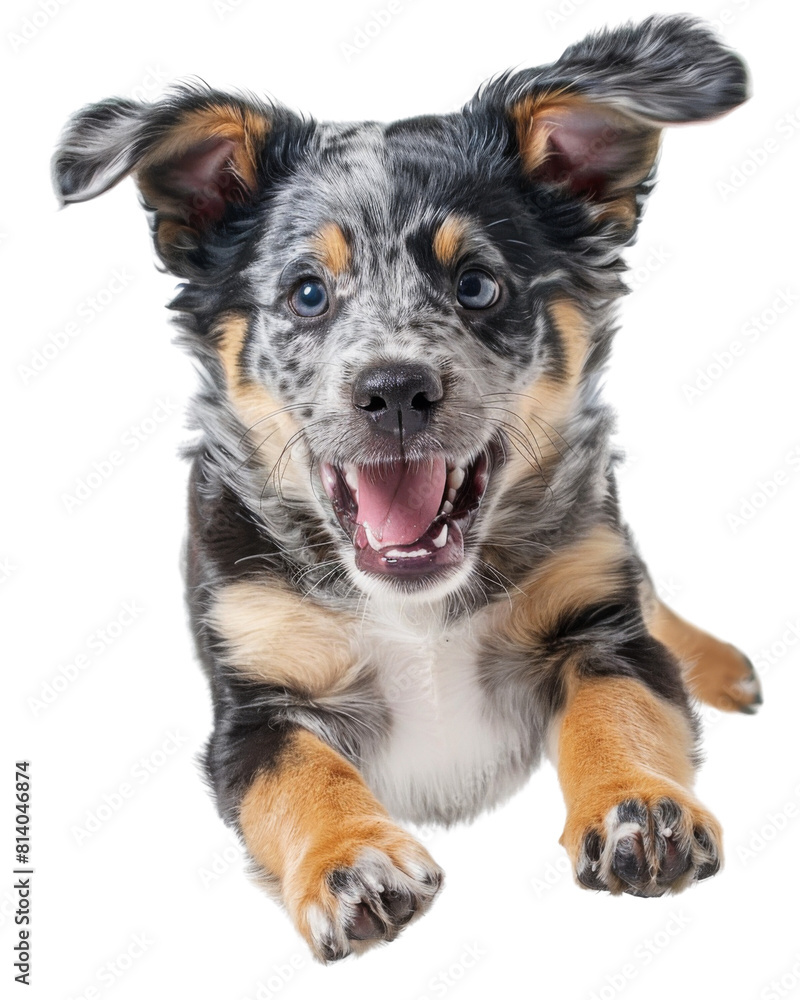 A cute Border Collie puppy is running and jumping with a happy expression on its face. It has black, tan, and white fur.
