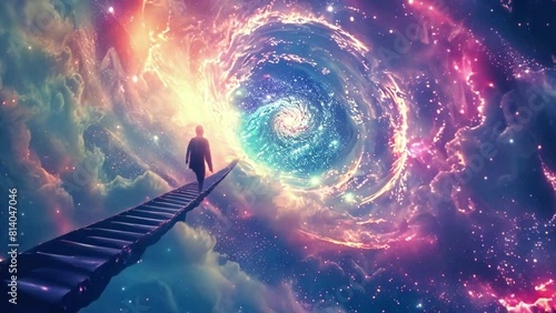 A captivating image: a man climbs stairs toward a dazzling galaxy, embodying the journey from Earth to the cosmos photo