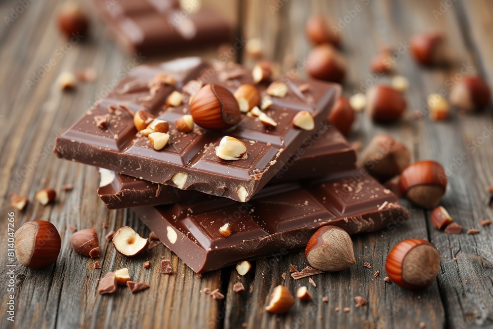 Sweet chocolate pieces with hazelnuts on wooden background Sweet chocolate pieces with hazelnuts on wooden background