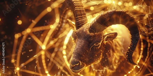 Gold ram with golden horn is center of gold and silver swirl photo