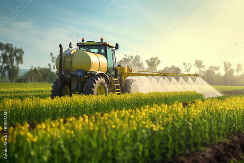 Tractor with sprayer spraying pesticides on field