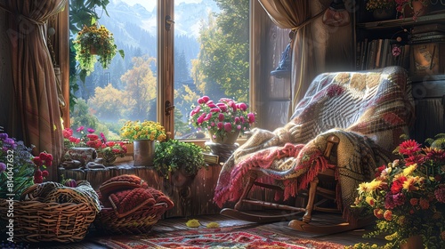 A rocking chair filled with colorful yarn sits by a window overlooking a flower garden Knitting needles click rhythmically as a woman creates a cozy scarf photo