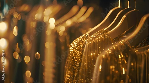 A glamorous display of golden sequined dresses on hangers photo