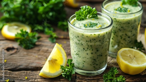 Healthy smoothie with lemon and parsley. On rustic background.