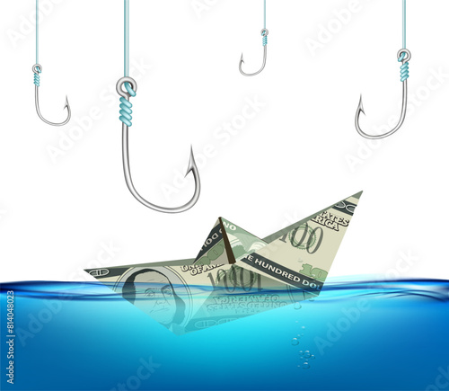 Paper boat made of dollar paper money floats on the water against the backdrop of fishhooks. Stock vector illustration
