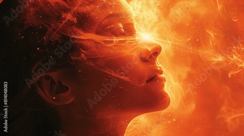 A woman with her eyes closed and fire surrounding them, AI