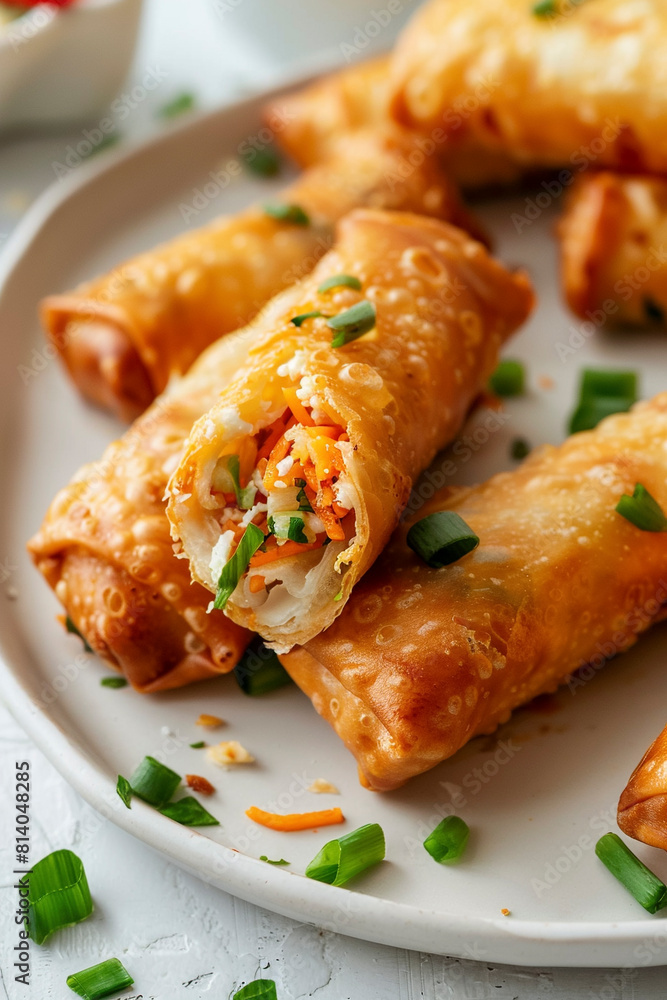 Tasty Asian Egg Rolls on Clean White Surface Tasty Asian Egg Rolls on Clean White Surface
