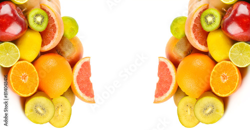 Set of fruits isolated on a white . Free space for text. Wide photo. Collage.