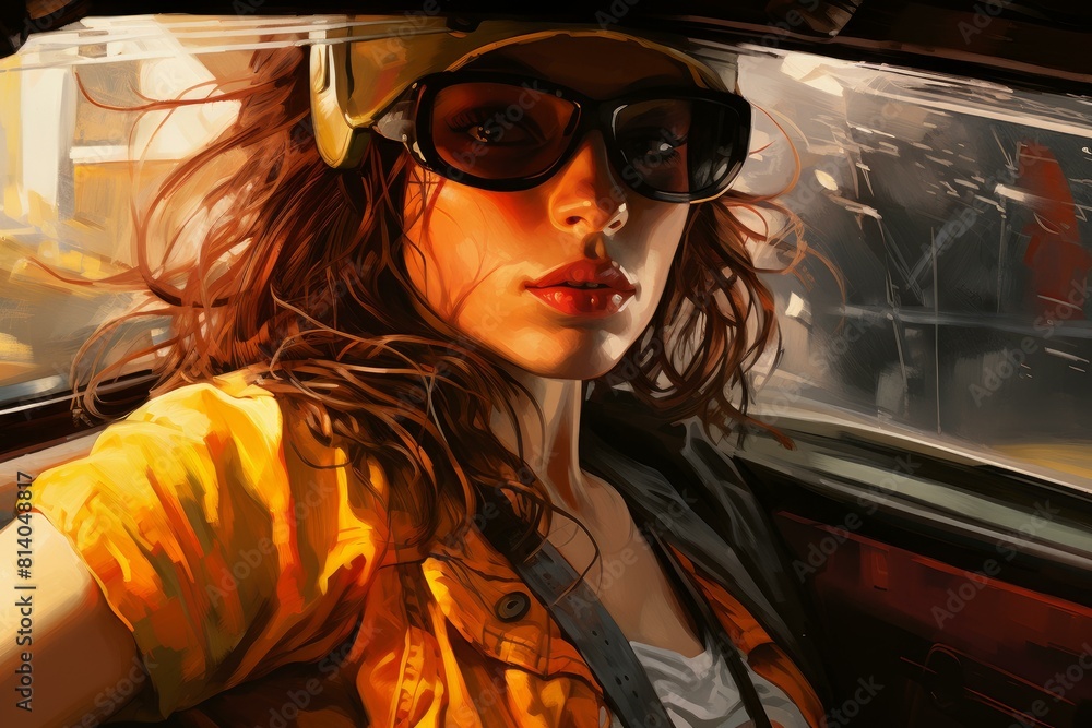 Digital artwork of a fashionable female driver with sunglasses enjoying a sunset ride