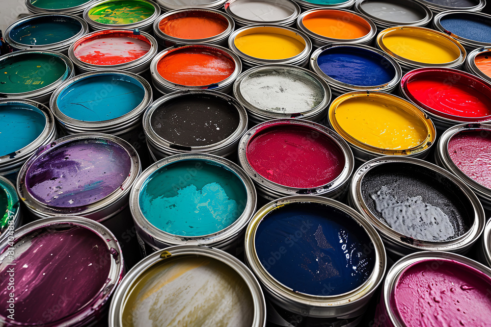 Open cans of paint in many colors, representing diversity and choice. The jars are arranged in an attractive manner, showcasing the full range of colors. Open cans of paint in many colors, representing diversity and choice. The jars are arranged in an attractive manner, showcasing the full range of colors.