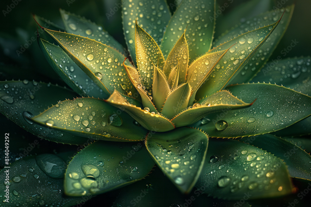 Illustration of an agave plant with drops of morning dew on its thick leaves, highlighting its adaptation to arid climates, Illustration of an agave plant with drops of morning dew on its thick leaves, highlighting its adaptation to arid climates,
