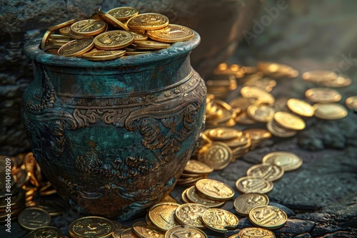 An ancient amphora filled with gold antique coins